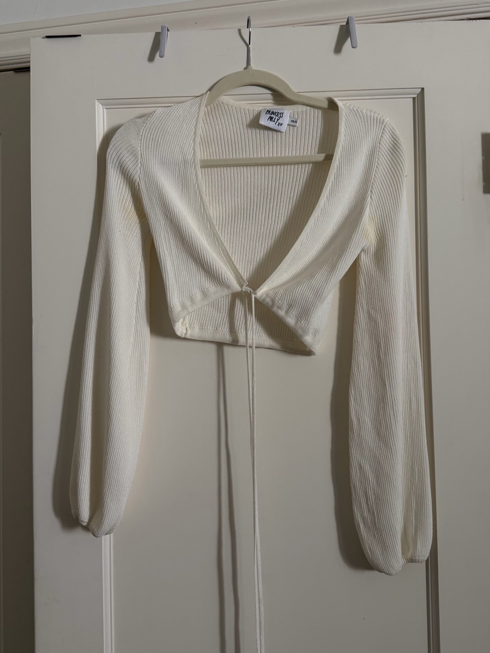 Princess Polly Cream Ribbed Long-Sleeve Cropped Tie Top
